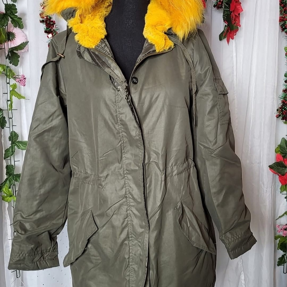 American Eagle Outfitters Olive Utility Jacket with Yellow Faux Fur